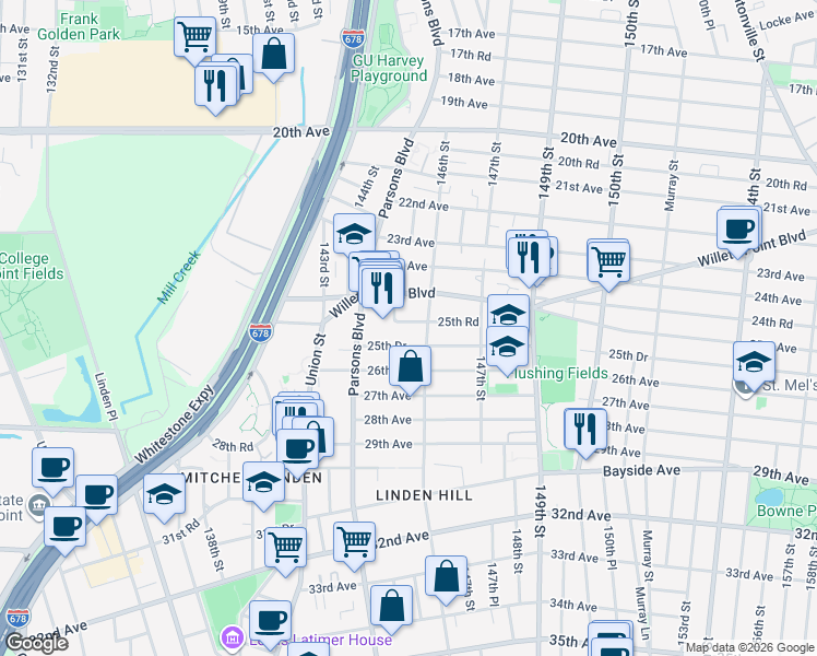 map of restaurants, bars, coffee shops, grocery stores, and more near 144-47 25th Road in Queens