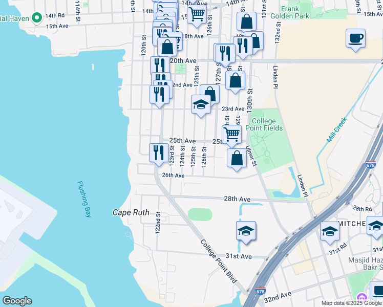 map of restaurants, bars, coffee shops, grocery stores, and more near 25-19 125th Street in Queens