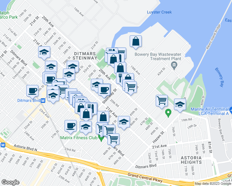 map of restaurants, bars, coffee shops, grocery stores, and more near 20-15 Steinway Street in Queens