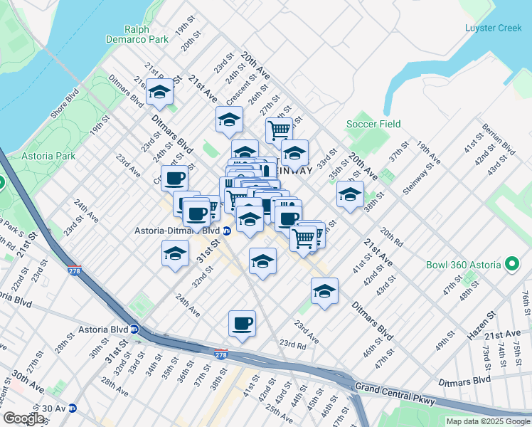 map of restaurants, bars, coffee shops, grocery stores, and more near in Queens