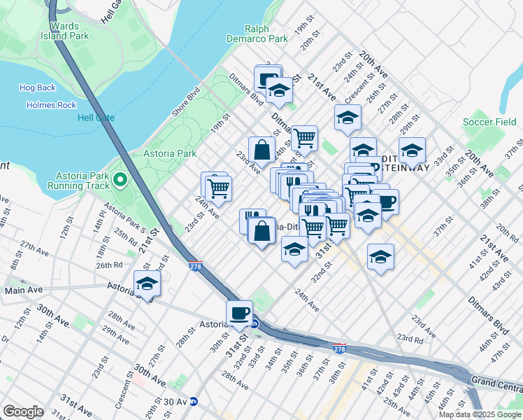 map of restaurants, bars, coffee shops, grocery stores, and more near 23-32 26th Street in Queens