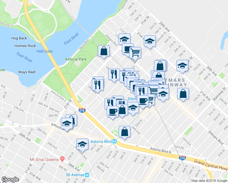 map of restaurants, bars, coffee shops, grocery stores, and more near 23-32 26th Street in Queens