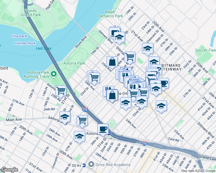 map of restaurants, bars, coffee shops, grocery stores, and more near 23-57 24th Street in Queens