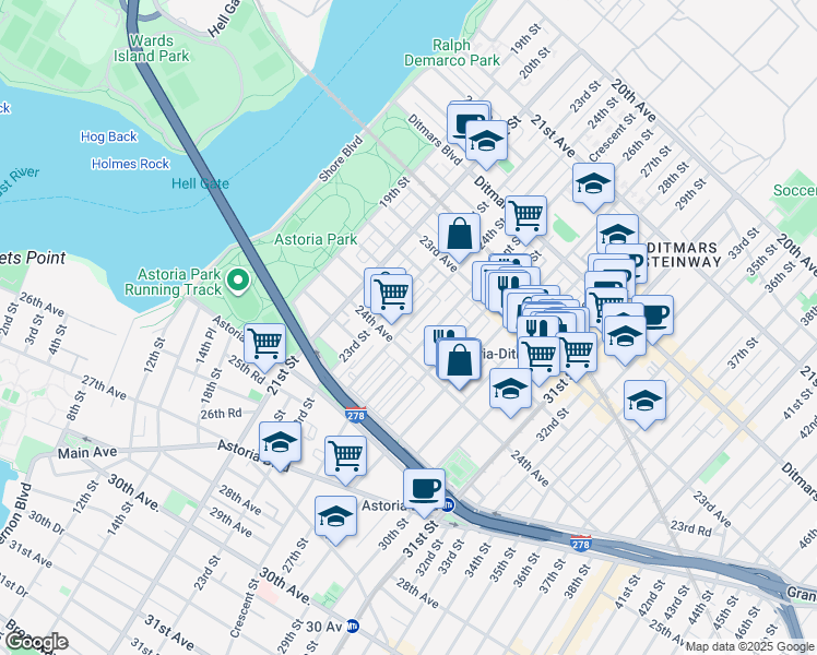 map of restaurants, bars, coffee shops, grocery stores, and more near 23-57 24th Street in Queens