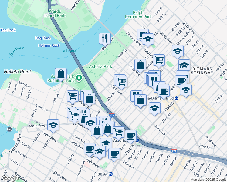 map of restaurants, bars, coffee shops, grocery stores, and more near in Queens