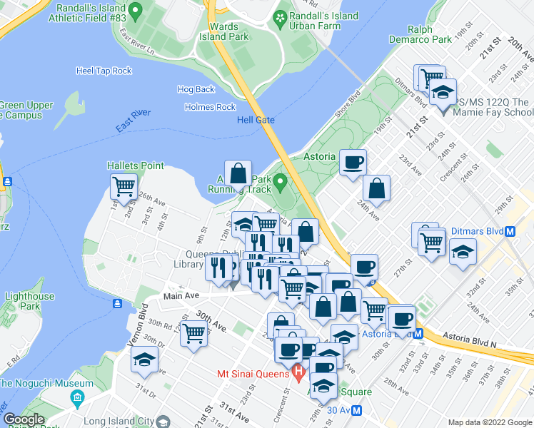 map of restaurants, bars, coffee shops, grocery stores, and more near 18-10 Astoria Park South in Queens