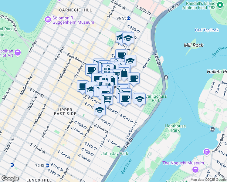 map of restaurants, bars, coffee shops, grocery stores, and more near 1634 1st Avenue in New York