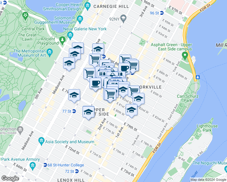 map of restaurants, bars, coffee shops, grocery stores, and more near 225 East 82nd Street in New York
