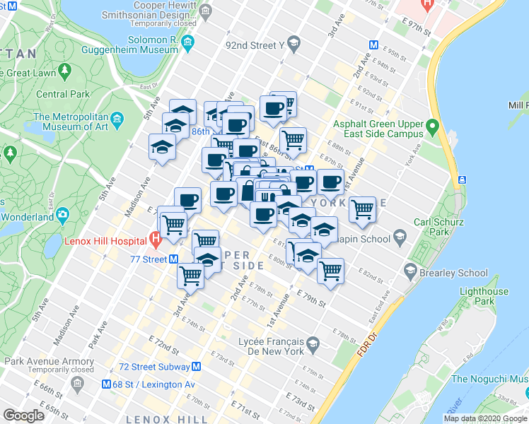 map of restaurants, bars, coffee shops, grocery stores, and more near 225 East 82nd Street in New York