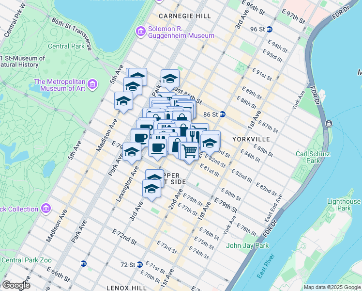 map of restaurants, bars, coffee shops, grocery stores, and more near 1445 3rd Avenue in New York
