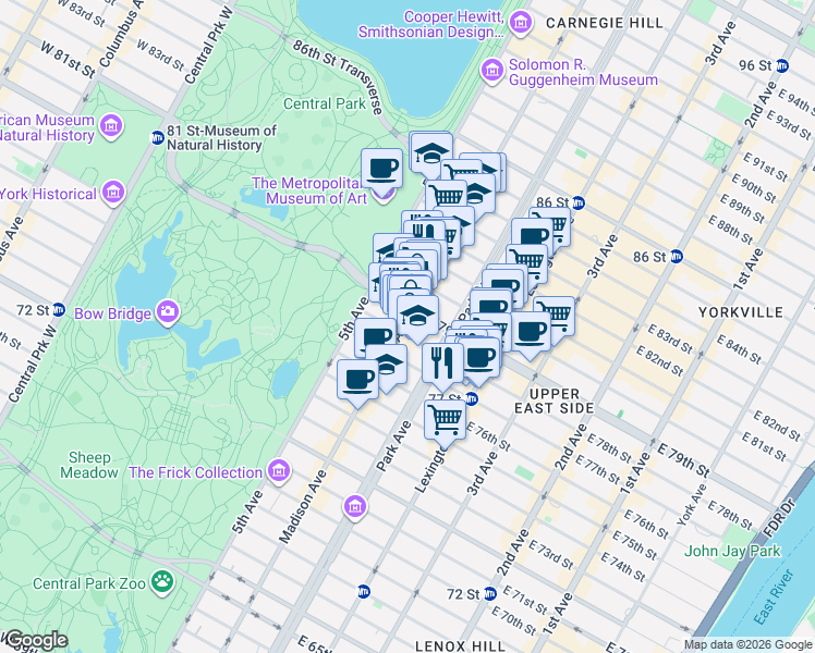 map of restaurants, bars, coffee shops, grocery stores, and more near 1045 Madison Avenue in New York