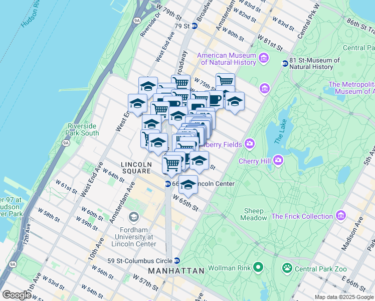 map of restaurants, bars, coffee shops, grocery stores, and more near 198 Columbus Avenue in New York