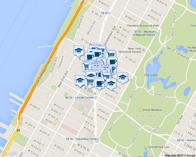 map of restaurants, bars, coffee shops, grocery stores, and more near 140 West 69th Street in New York