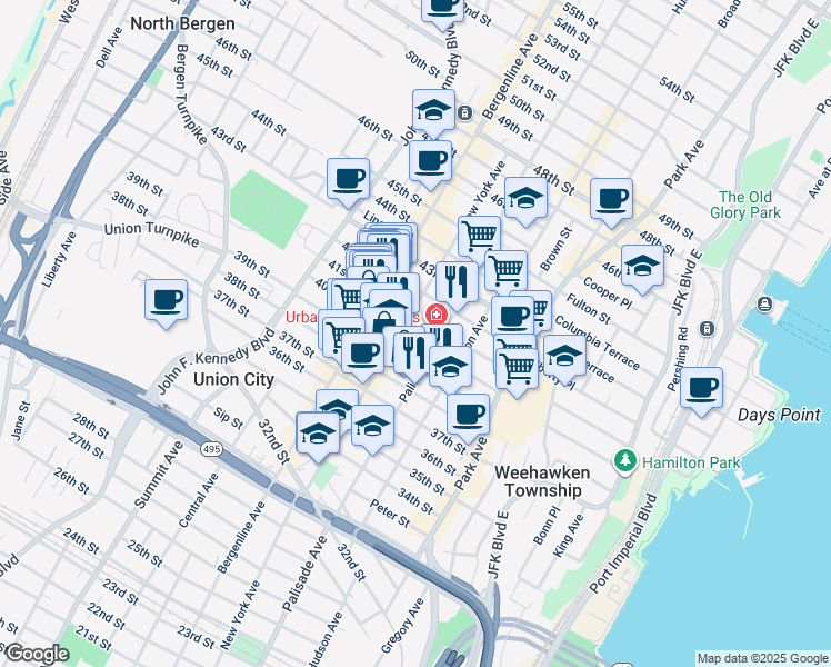map of restaurants, bars, coffee shops, grocery stores, and more near 308 41st Street in Union City
