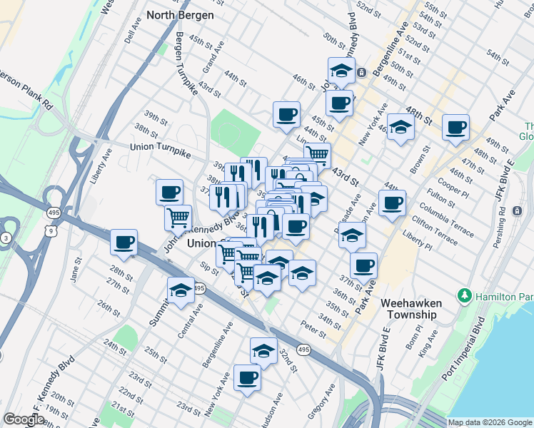 map of restaurants, bars, coffee shops, grocery stores, and more near 534 38th Street in Union City