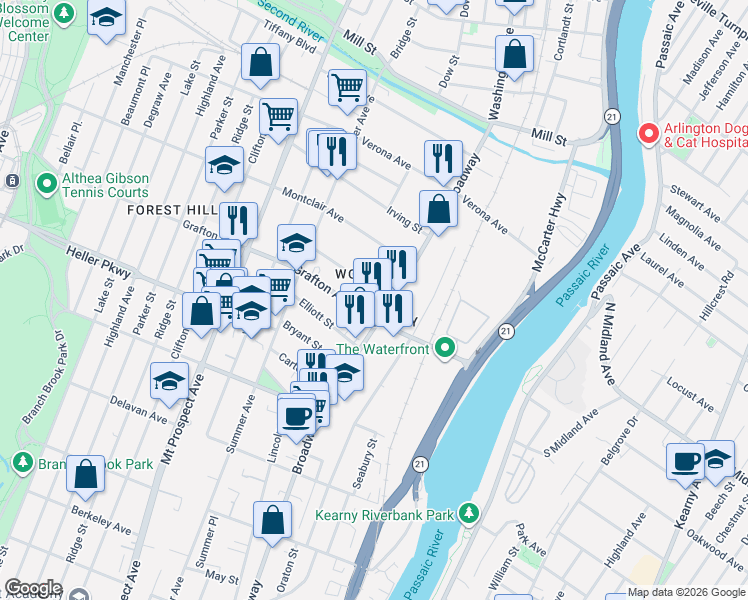 map of restaurants, bars, coffee shops, grocery stores, and more near 22 Halleck Street in Newark