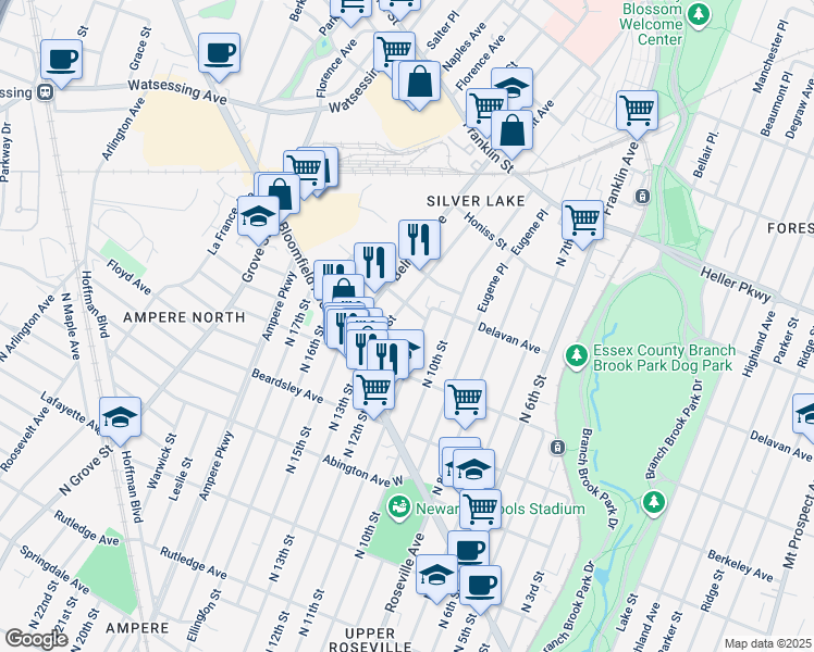 map of restaurants, bars, coffee shops, grocery stores, and more near 9 Lawrence Street in Belleville