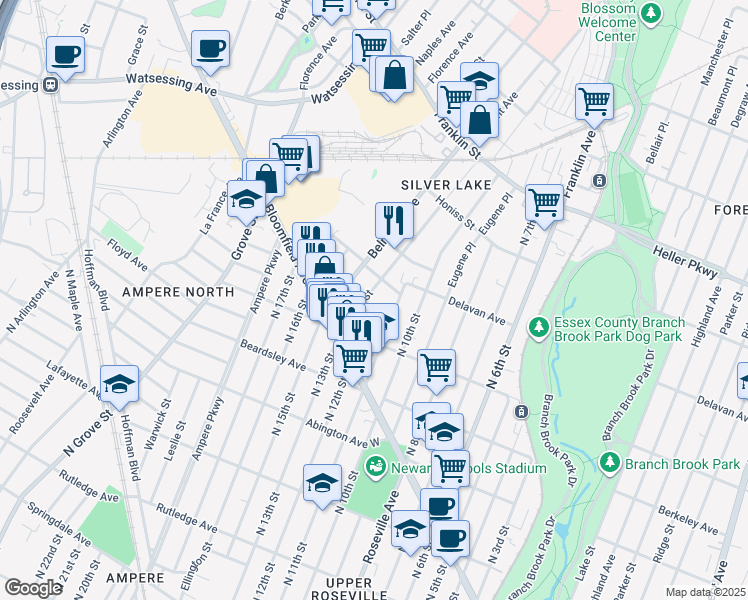map of restaurants, bars, coffee shops, grocery stores, and more near 9 Lawrence Street in Belleville