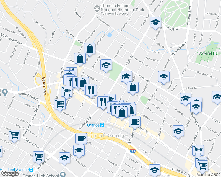 map of restaurants, bars, coffee shops, grocery stores, and more near 87 High Street in City of Orange