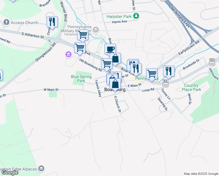 map of restaurants, bars, coffee shops, grocery stores, and more near in Boalsburg