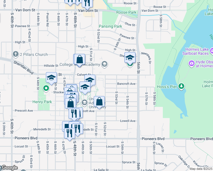 map of restaurants, bars, coffee shops, grocery stores, and more near 5203 Bancroft Avenue in Lincoln