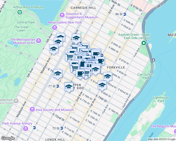 map of restaurants, bars, coffee shops, grocery stores, and more near 225 East 82nd Street in New York
