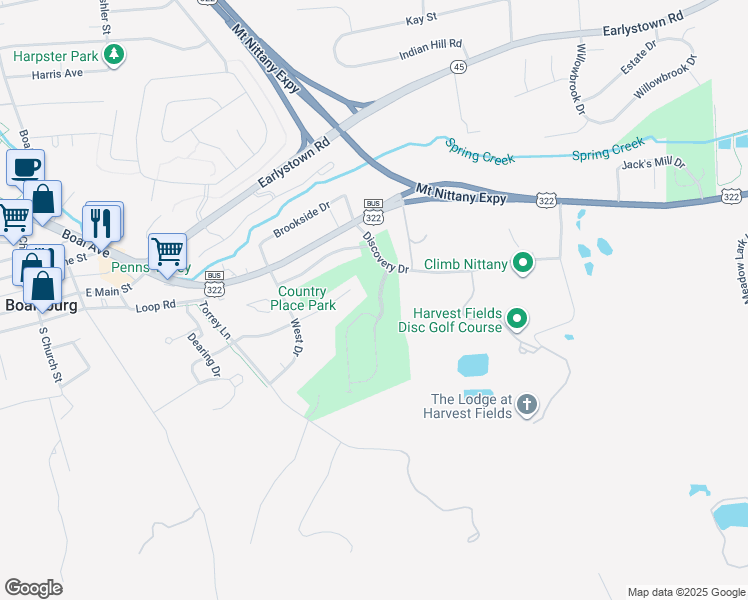 map of restaurants, bars, coffee shops, grocery stores, and more near 131 Kestrel Lane in Boalsburg
