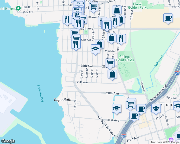 map of restaurants, bars, coffee shops, grocery stores, and more near 25-19 125th Street in Queens