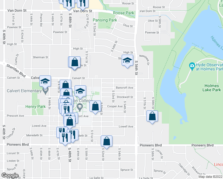 map of restaurants, bars, coffee shops, grocery stores, and more near 5247 Bancroft Avenue in Lincoln
