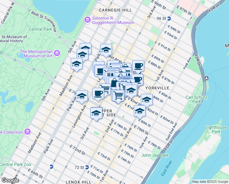 map of restaurants, bars, coffee shops, grocery stores, and more near 214 East 82nd Street in New York