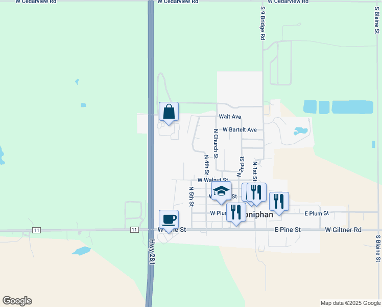 map of restaurants, bars, coffee shops, grocery stores, and more near 300-328 North 4th Street in Doniphan