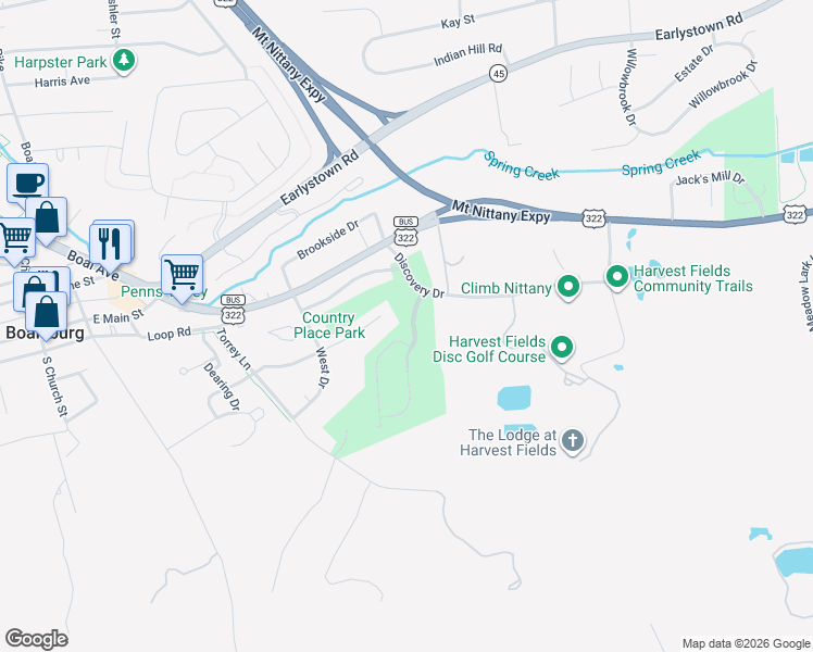 map of restaurants, bars, coffee shops, grocery stores, and more near 131 Kestrel Lane in Boalsburg