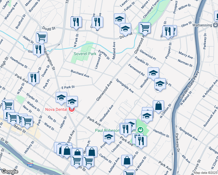 map of restaurants, bars, coffee shops, grocery stores, and more near 188 Glenwood Avenue in East Orange
