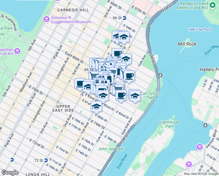 map of restaurants, bars, coffee shops, grocery stores, and more near 1634 1st Avenue in New York