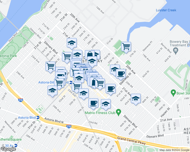 map of restaurants, bars, coffee shops, grocery stores, and more near 21-38 35th Street in Queens