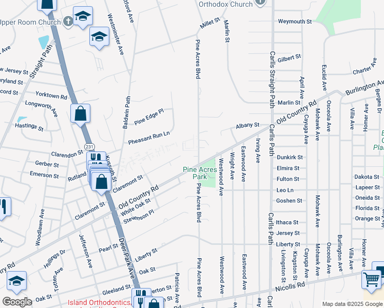 map of restaurants, bars, coffee shops, grocery stores, and more near 206 Pine Acres Boulevard in Deer Park