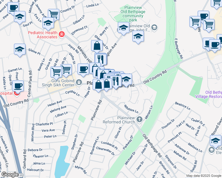 map of restaurants, bars, coffee shops, grocery stores, and more near 1133 Old Country Road in Plainview