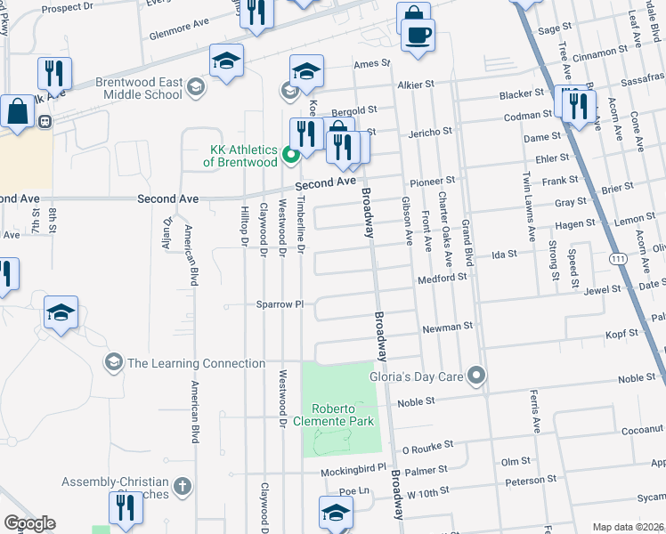 map of restaurants, bars, coffee shops, grocery stores, and more near 181 Hilton Street in Brentwood