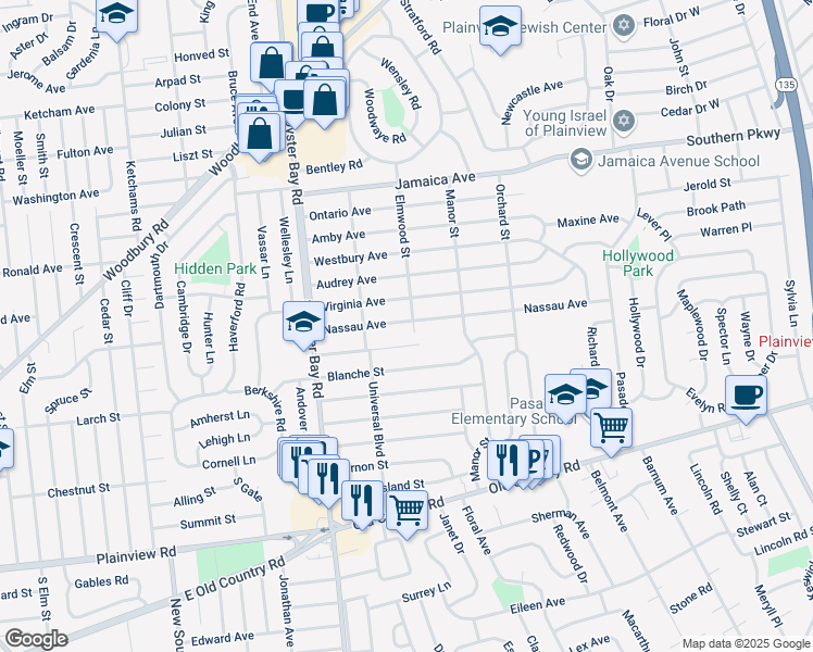 map of restaurants, bars, coffee shops, grocery stores, and more near 32 Nassau Avenue in Plainview