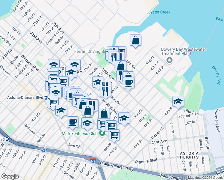 map of restaurants, bars, coffee shops, grocery stores, and more near 20-30 Steinway Street in Queens