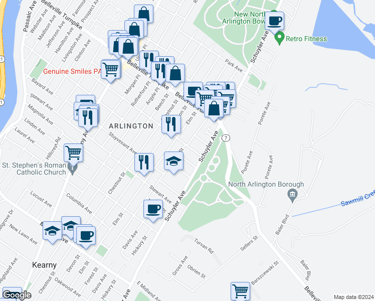 map of restaurants, bars, coffee shops, grocery stores, and more near 200 Seeley Avenue in Kearny