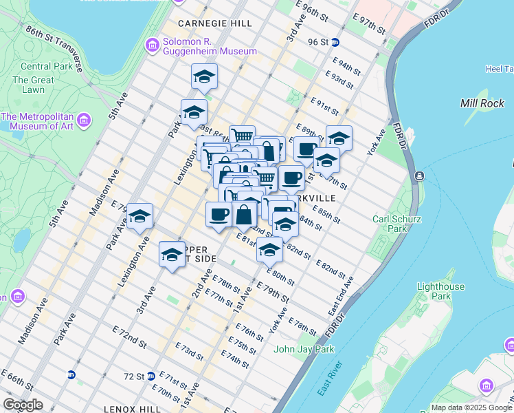 map of restaurants, bars, coffee shops, grocery stores, and more near 305 East 83rd Street in New York