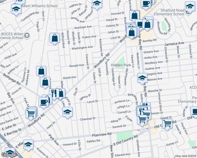 map of restaurants, bars, coffee shops, grocery stores, and more near 1 Juniper Street in Hicksville