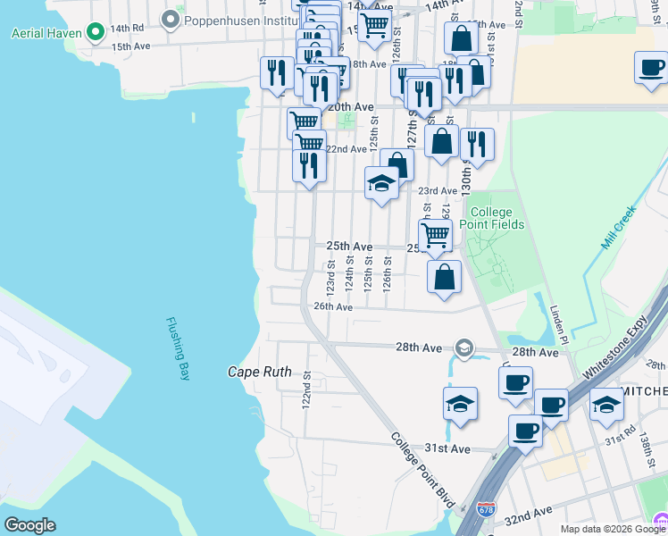 map of restaurants, bars, coffee shops, grocery stores, and more near 25-21 123rd Street in Queens