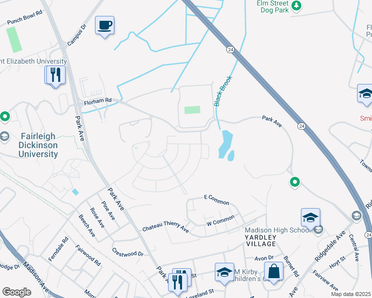map of restaurants, bars, coffee shops, grocery stores, and more near 59 Cunningham Drive in Florham Park