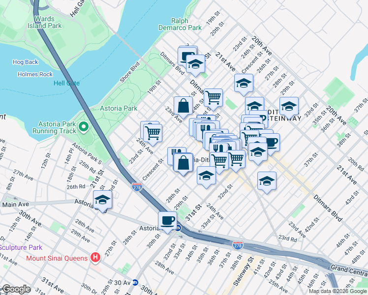 map of restaurants, bars, coffee shops, grocery stores, and more near 23-38 26th Street in Queens