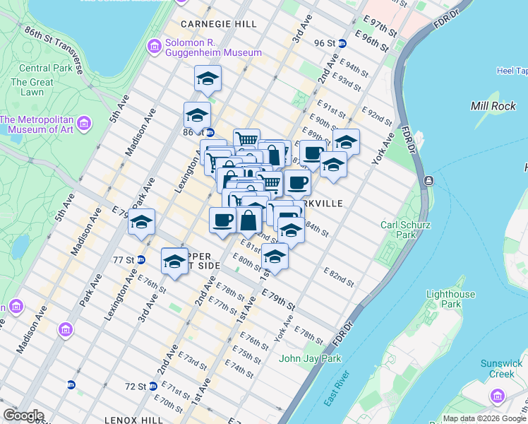 map of restaurants, bars, coffee shops, grocery stores, and more near 307 East 83rd Street in New York