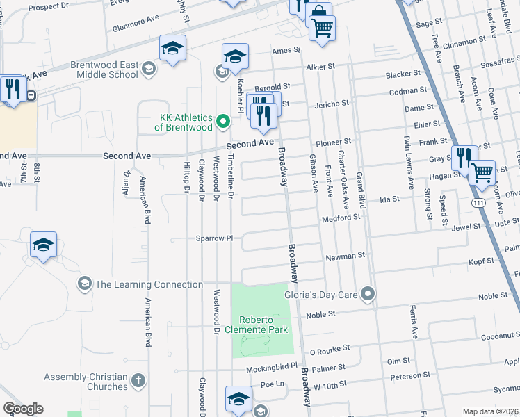 map of restaurants, bars, coffee shops, grocery stores, and more near 181 Hilton Street in Brentwood