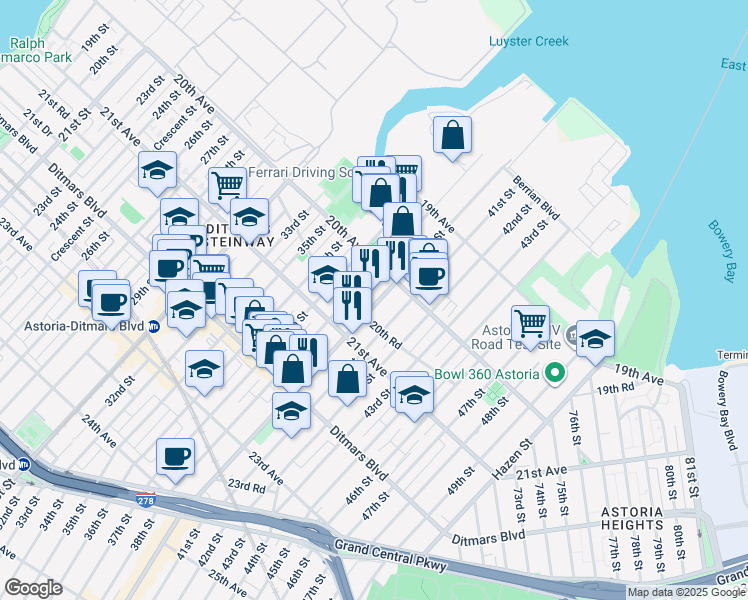 map of restaurants, bars, coffee shops, grocery stores, and more near 20-30 Steinway Street in Queens