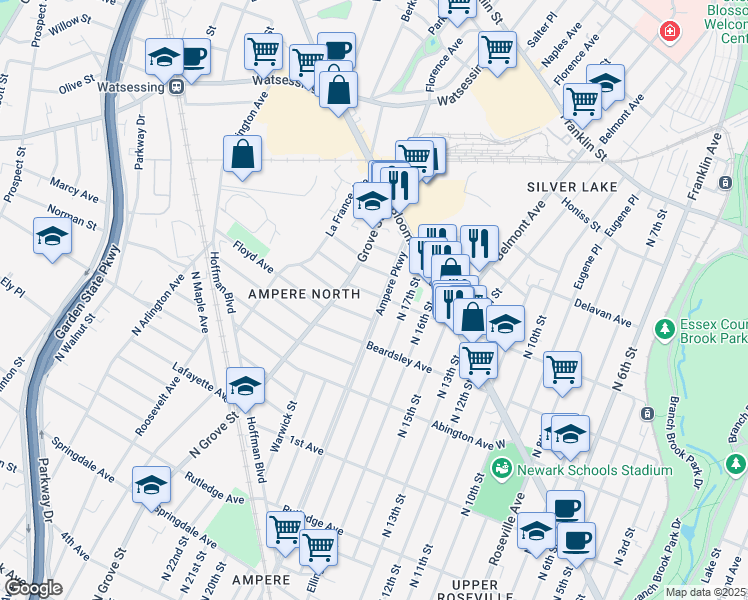 map of restaurants, bars, coffee shops, grocery stores, and more near 285 Ampere Parkway in Bloomfield
